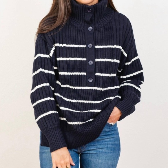 Apiece Apart Paloma Mock Striped Cotton & Cashmere Cozy Sweater - Navy & Cream - Picture 3 of 7